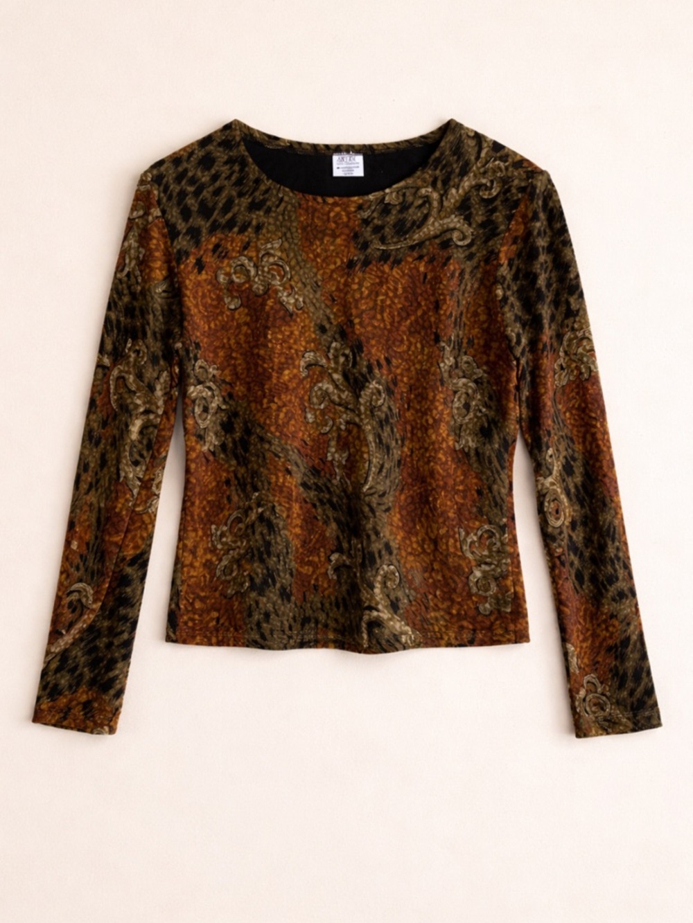Y2K Artex Abstract Paisley Animal Print Top Brown Gold Long Sleeve Stretch Tee